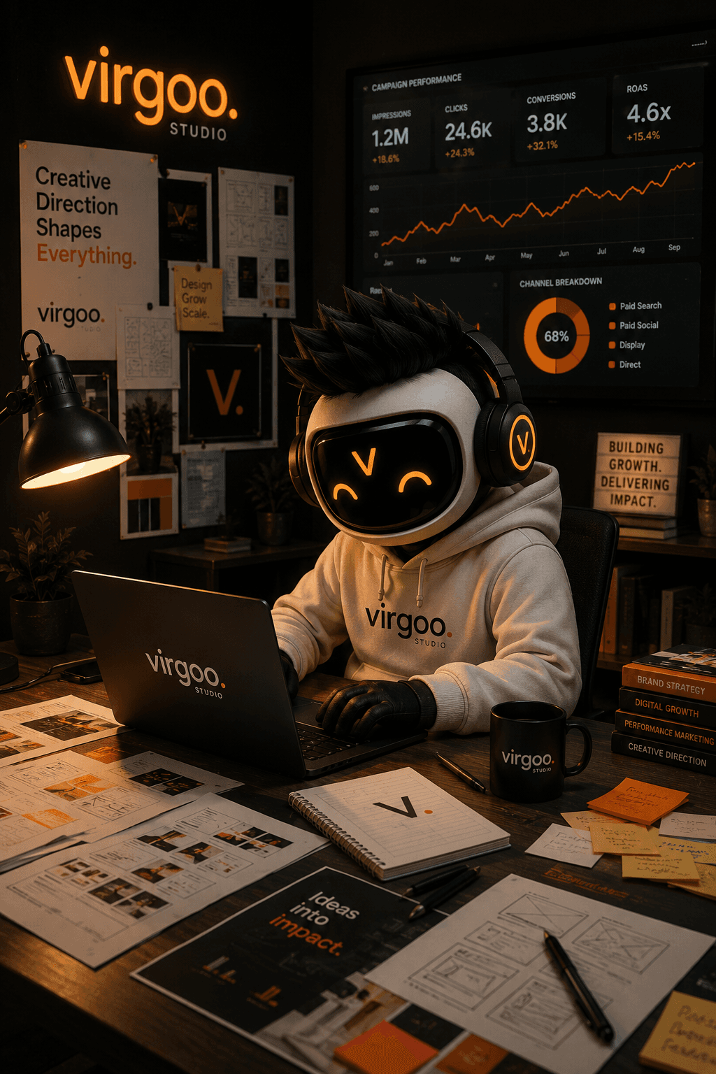 Vyro, the Virgoo Studio mascot, at work