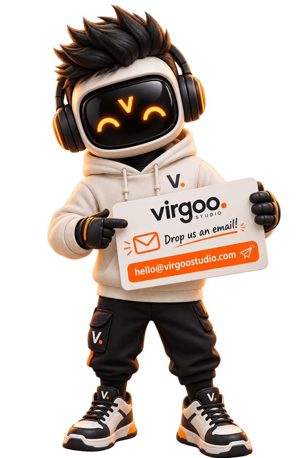 Vyro, the Virgoo Studio mascot, holding a sign that says drop us an email — hello@virgoostudio.com